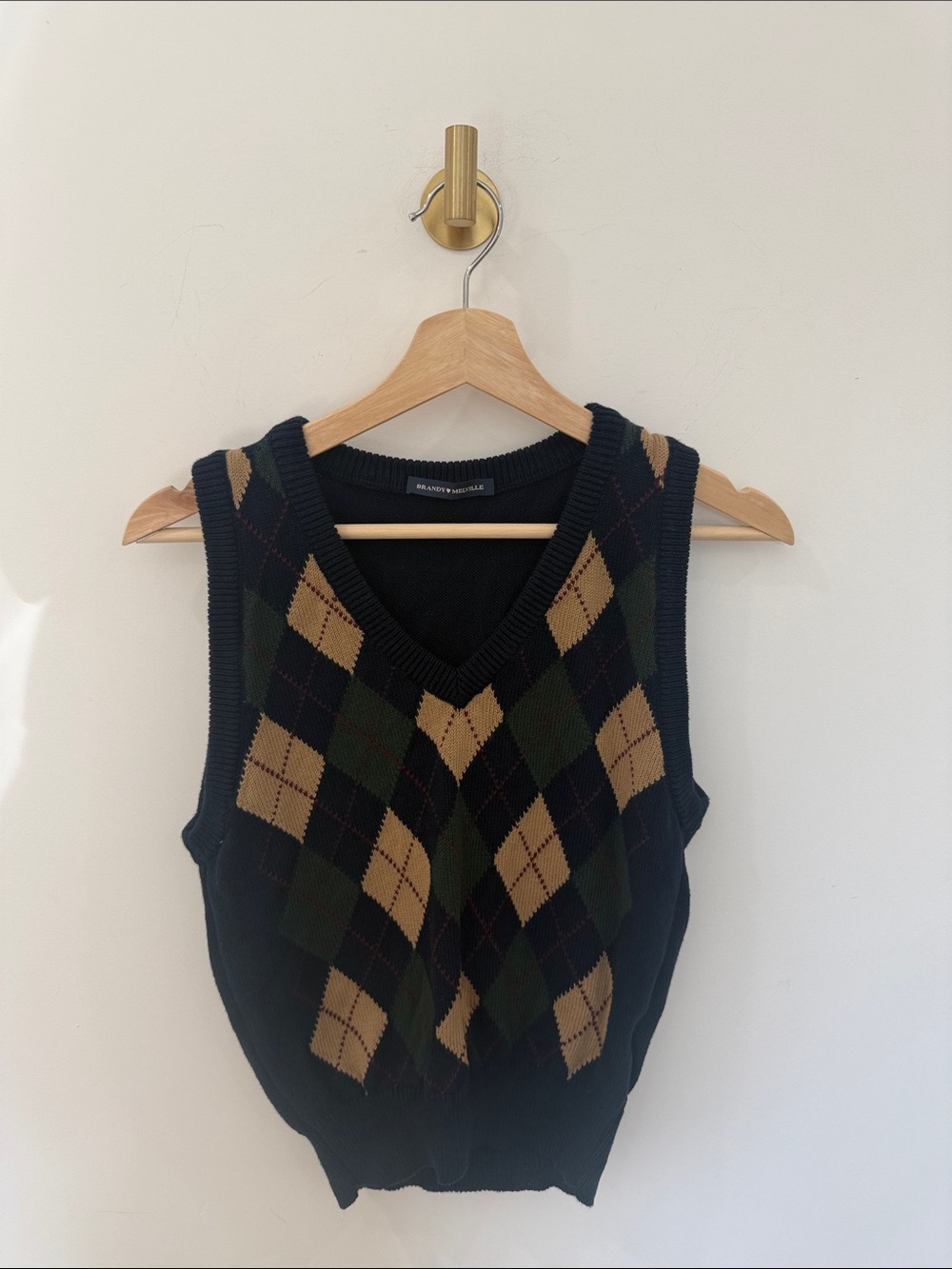 Brandy Melville Argyle V-Neck Knit Top - Black, Tan & Green